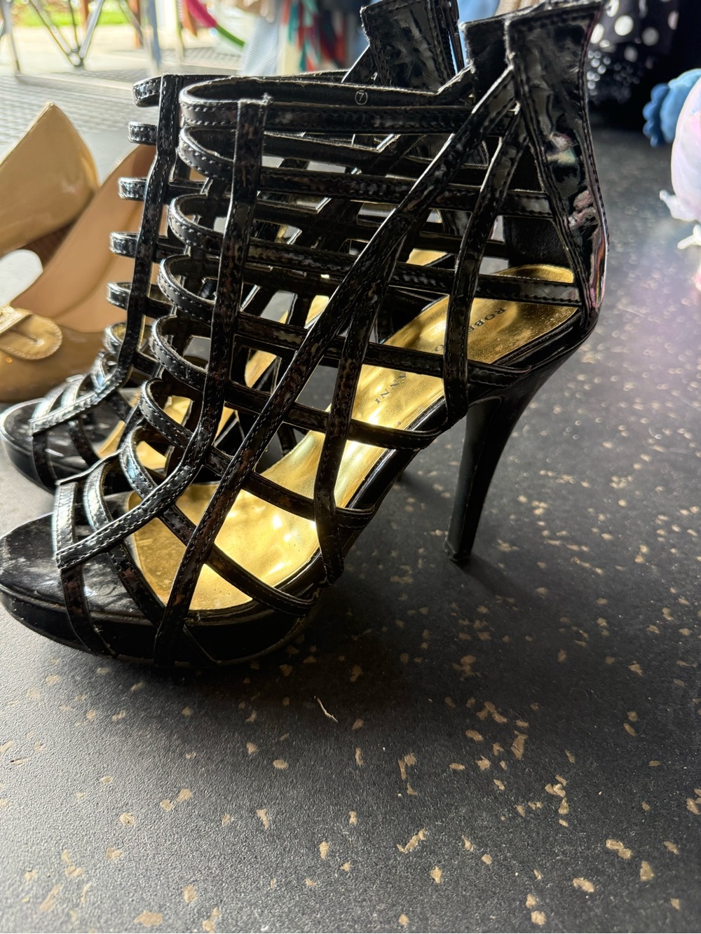 Patent Black Strappy Cage High Heel Sandals